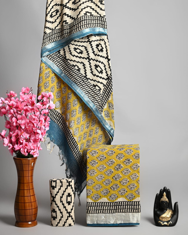 Ochre and Black Hand Block Printed Cotton Linen Unstitched Suit