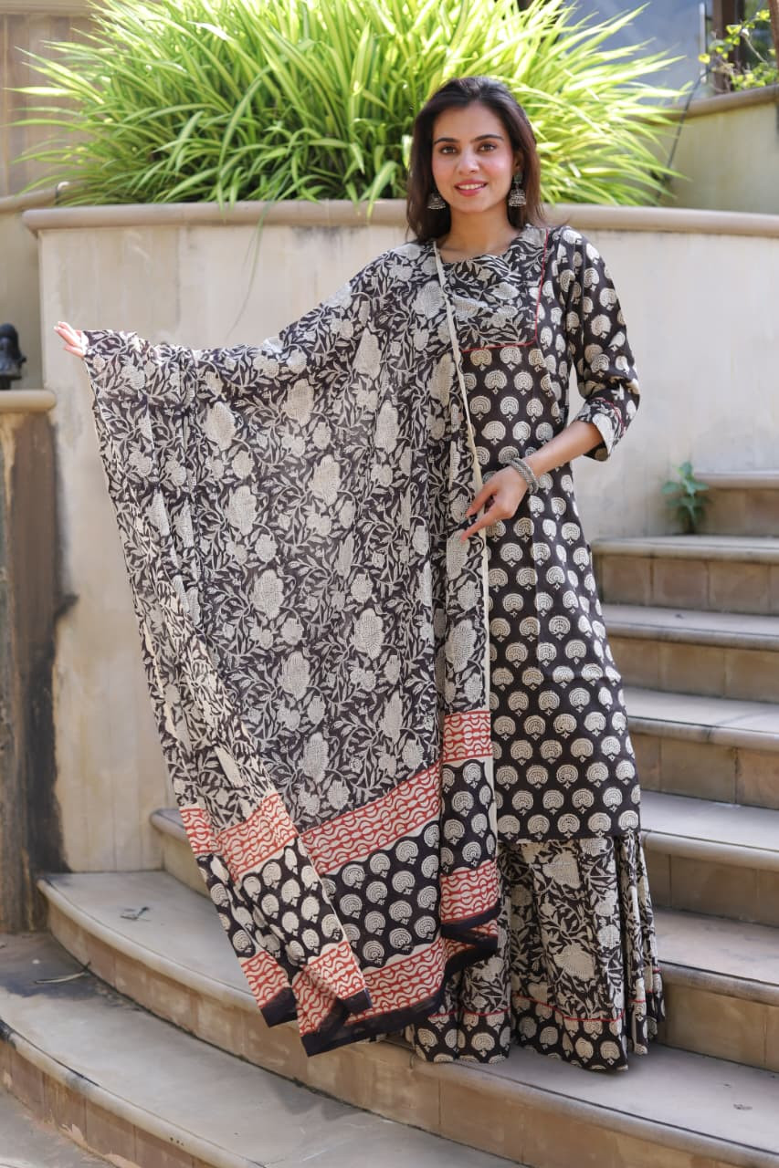 Black & White Hand Block Printed Cotton Long Kurta & Skirt with Red Border Dupatta