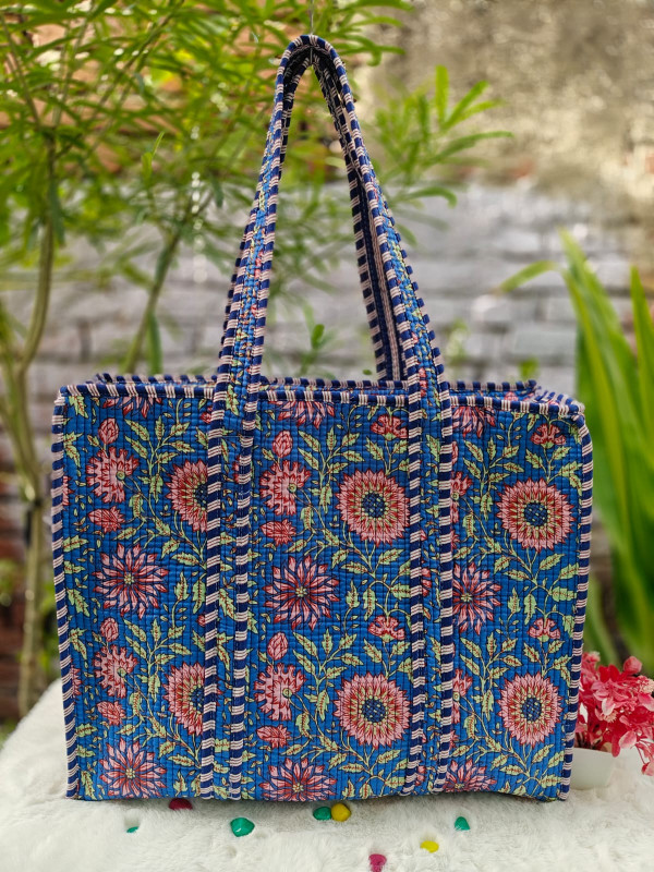 Royal Blue Bloom Floral Quilted Cotton  Bag