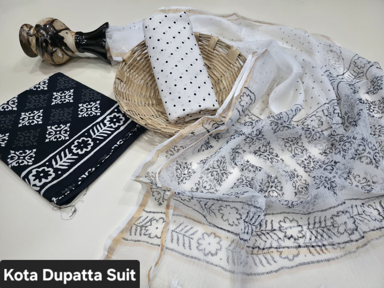 Black and White Hand Block Print Cotton Suit with Kota Doria Dupatta.