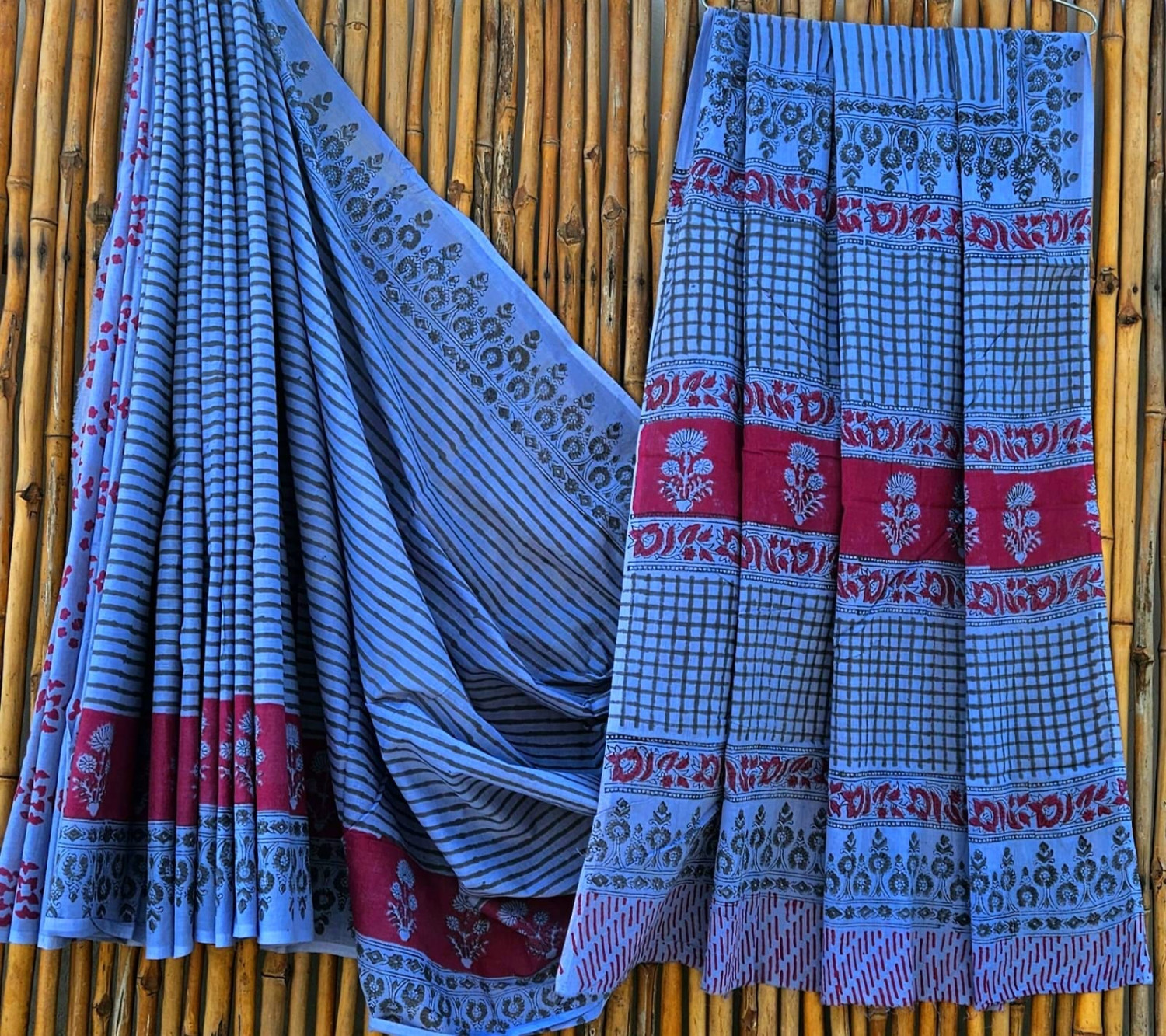 Ice Blue & Maroon Kalamkari Hand-Block Printed Mulmul Cotton Saree with Blouse (6.5 Meters, 92*80, 100% Pure Cotton Fabric)