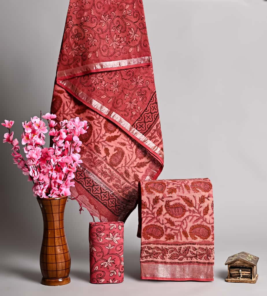 Rust and Beige Hand Block Printed Cotton Unstitched Suit Set