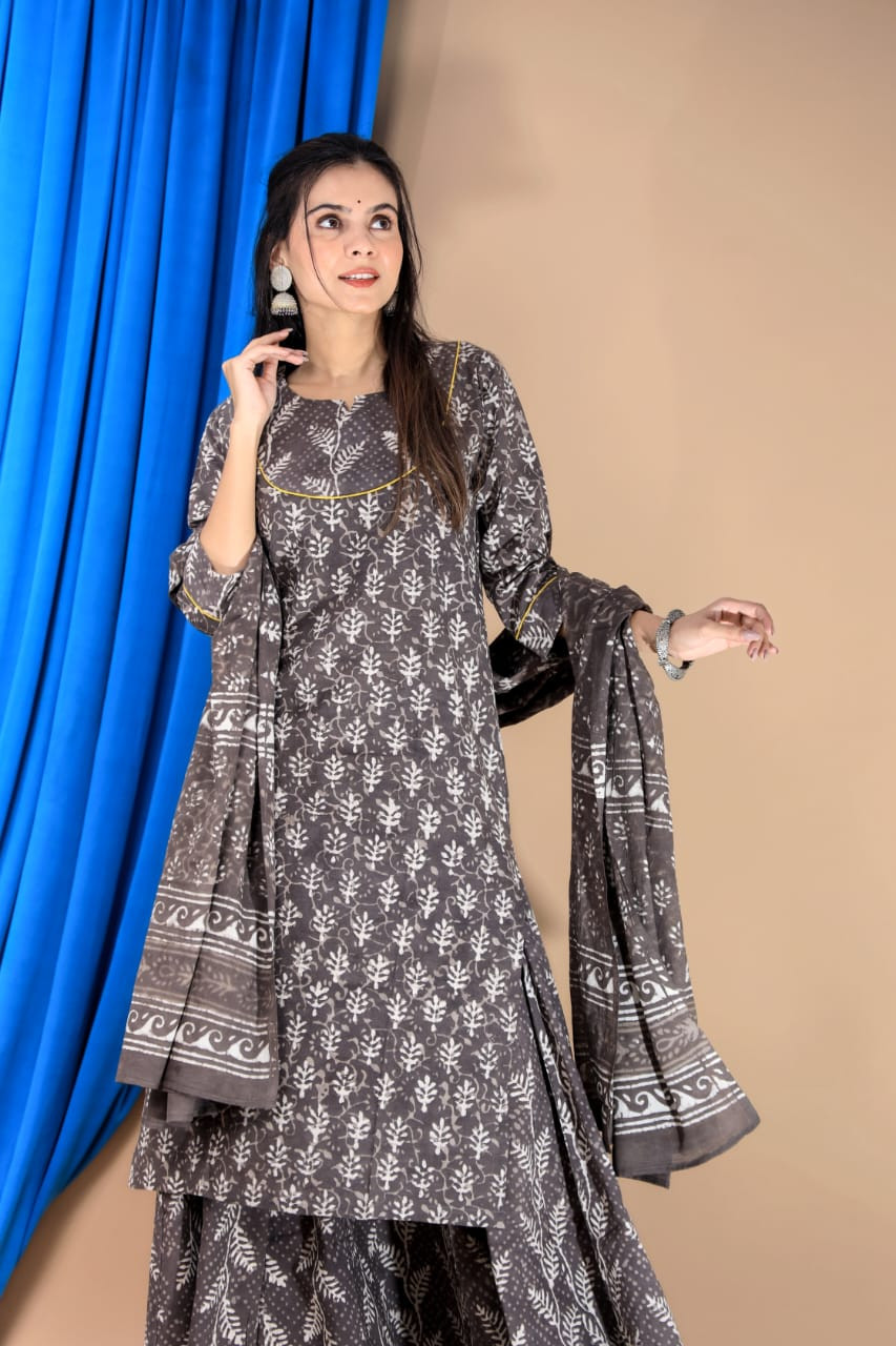 Grey Hand-Block Printed Cotton Kurta Set with Dupatta