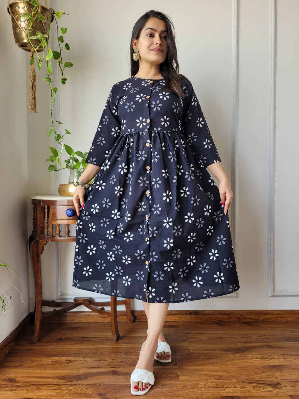 Navy Blue and White Floral Print Cotton A-Line One Piece Dress