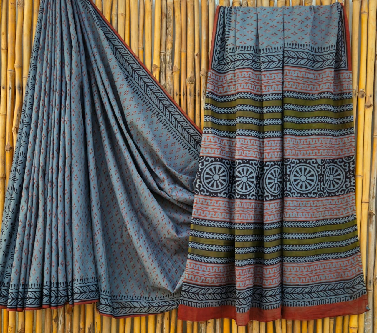 Grey & Olive Green Hand-Block Printed Mulmul Cotton Saree with Blouse (6.5 Meters, 92*80, 100% Pure Cotton Fabric)