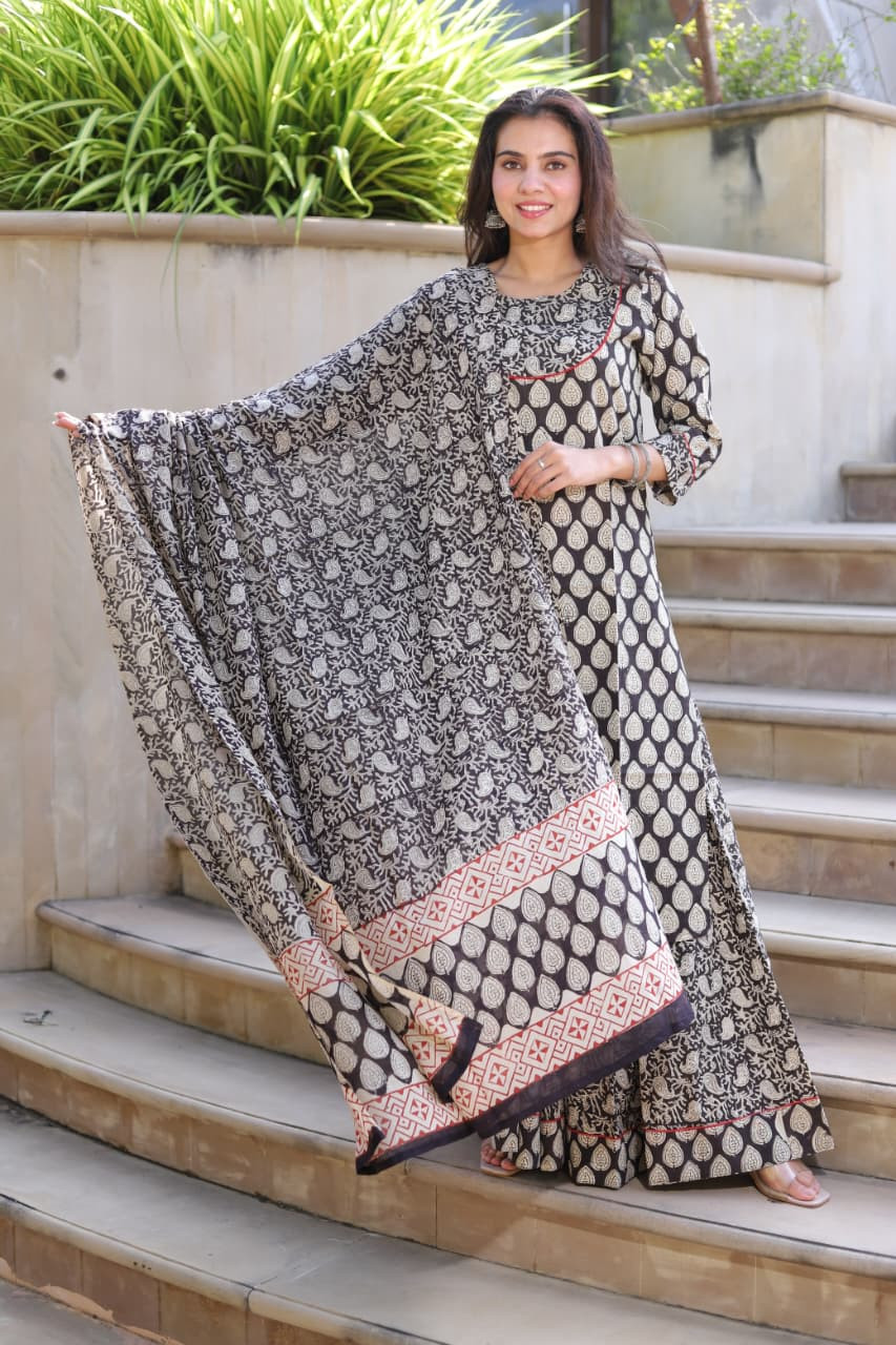 Black & White Hand Block Print Cotton Kurta & Sharara Set with Red Dupatta