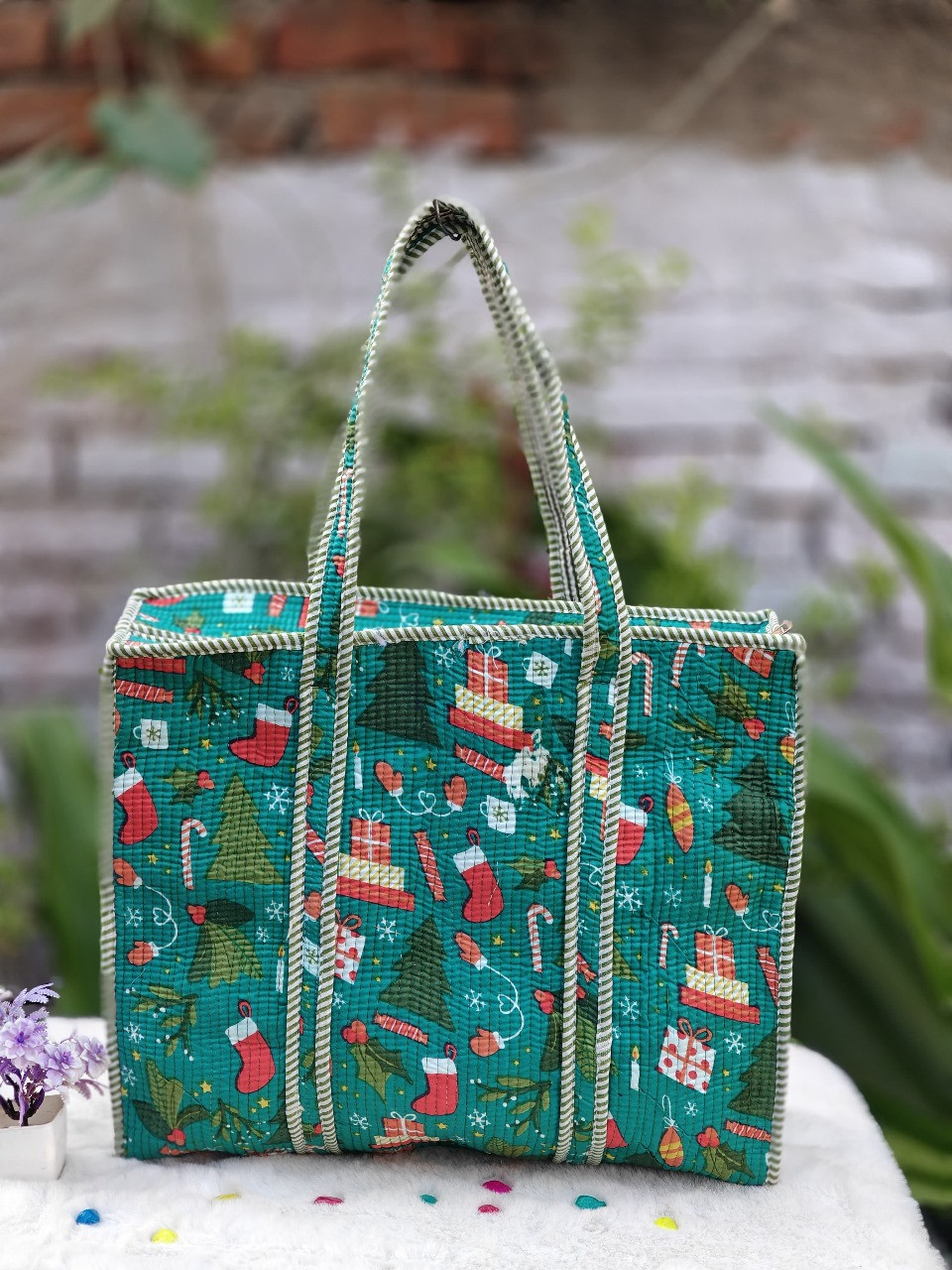 Quilted Cotton Christmas Festive Tote Bag