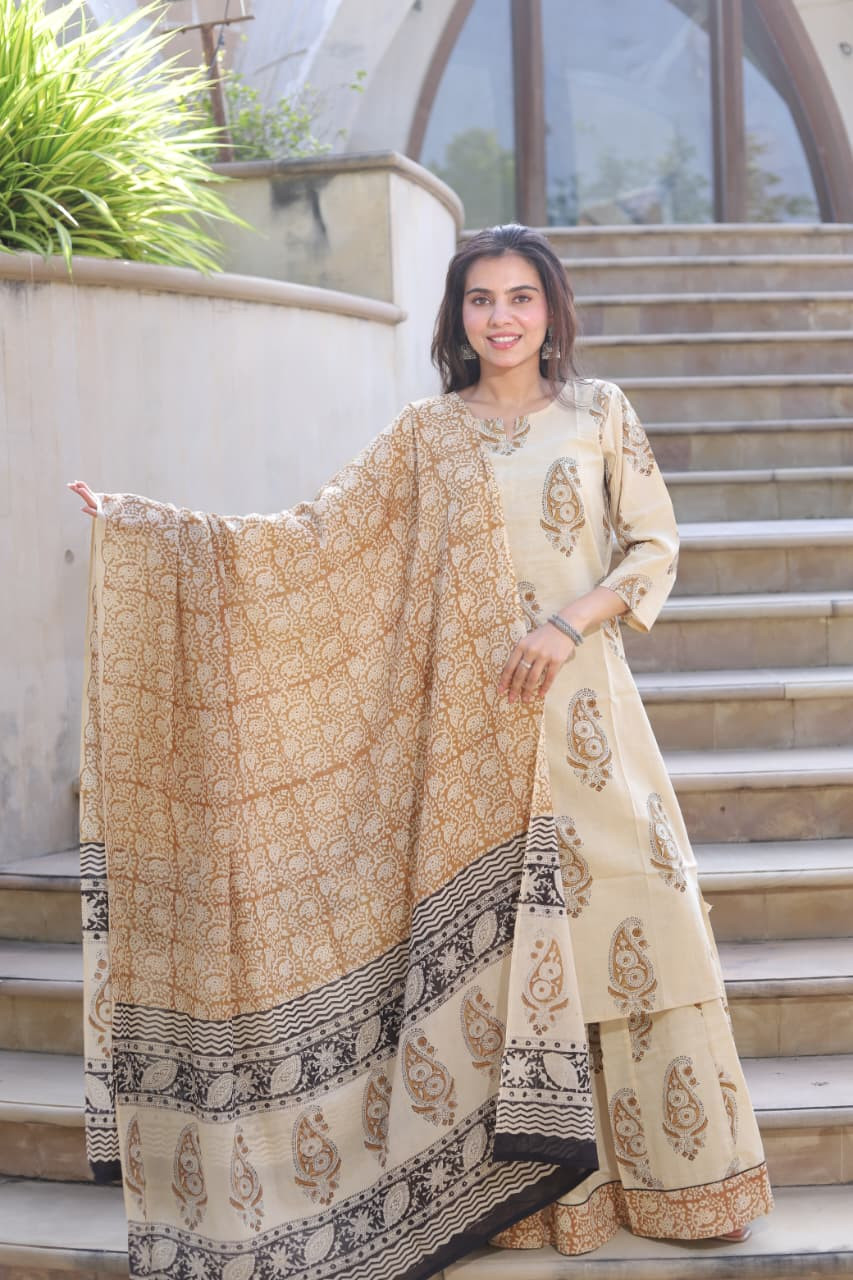 Beige & Brown Hand Block Print Cotton Long Kurta & Skirt Set with Dupatta