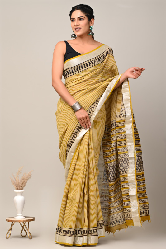 Golden Yellow Hand Block Printed Linen Saree with Black and Silver Border and Pallu.