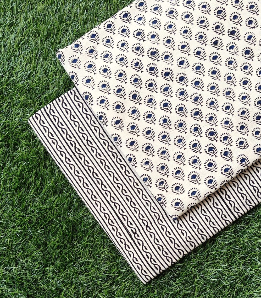 Indigo Blue 'Booti & Bel' Hand-Block Bagru Dabu Print Cotton (60/60) Cambric Suit Set – Top 2.50 MTR + Bottom 2.50 MTR