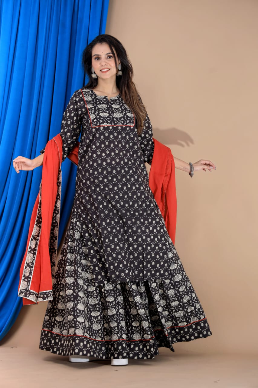 Black & White Designer Long Kurta & Skirt with Red Dupatta Set