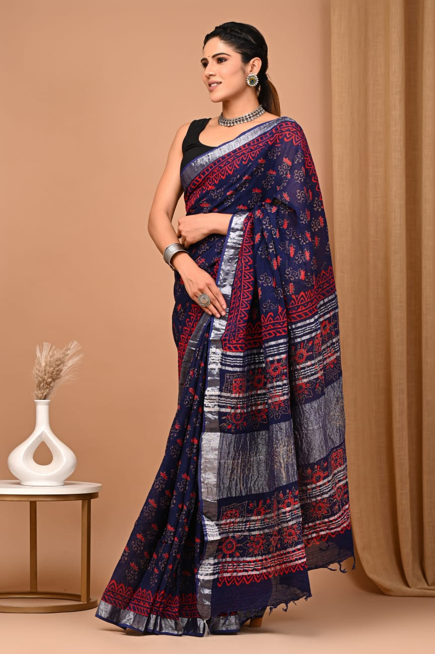 Indigo Blue & Red Hand Block Print Linen Saree
