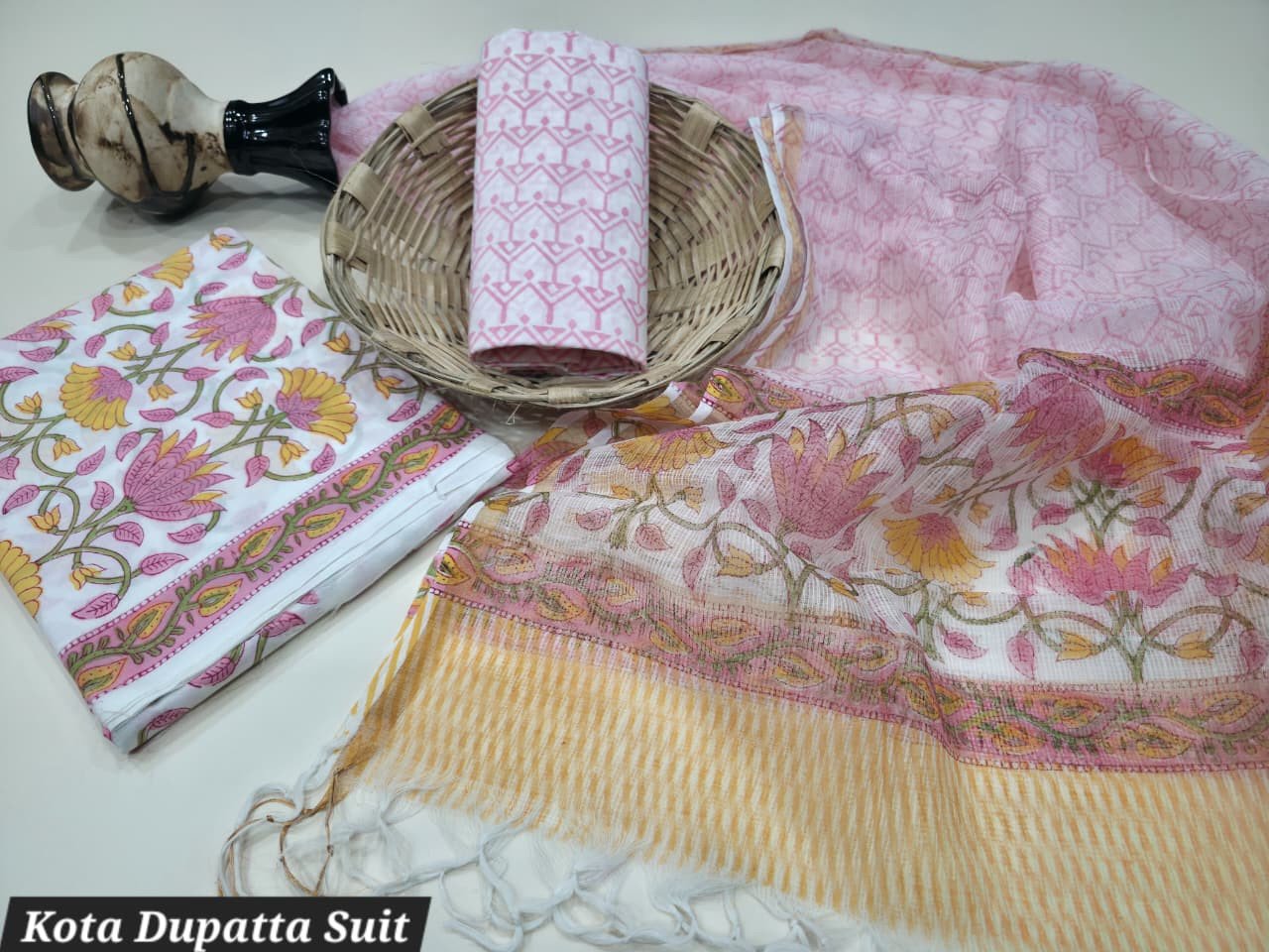Pink & Yellow Floral Hand Block Print Cotton Suit with a sheer Kota Doria Dupatta.