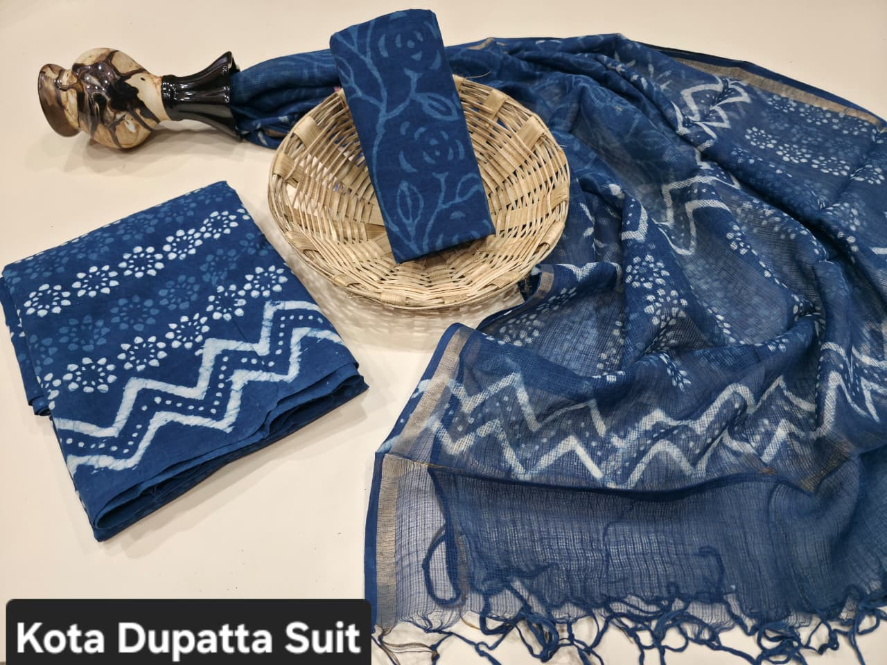 Indigo Dabu Hand Block Print Cotton Suit with a sheer Kota Doria Dupatta.