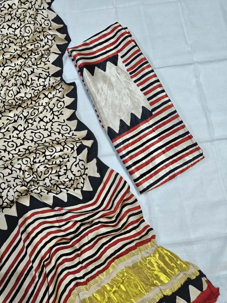 Cream, Red, and Black Hand Block Printed Cotton or Modal Silk Blend Saree