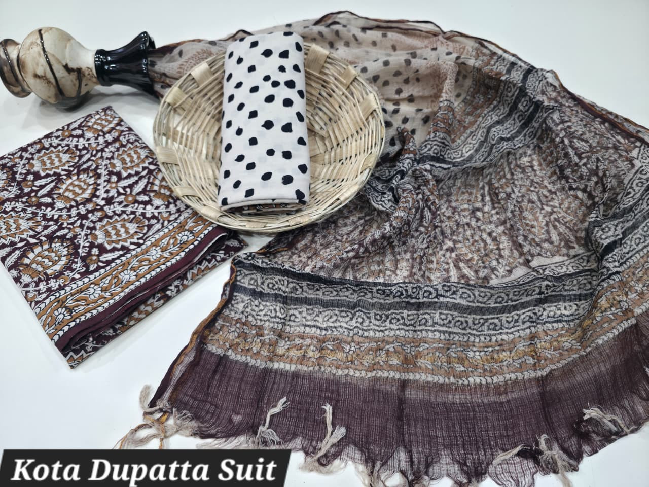 Brown/Maroon Hand Block Print Cotton Suit with Kota Doria Dupatta