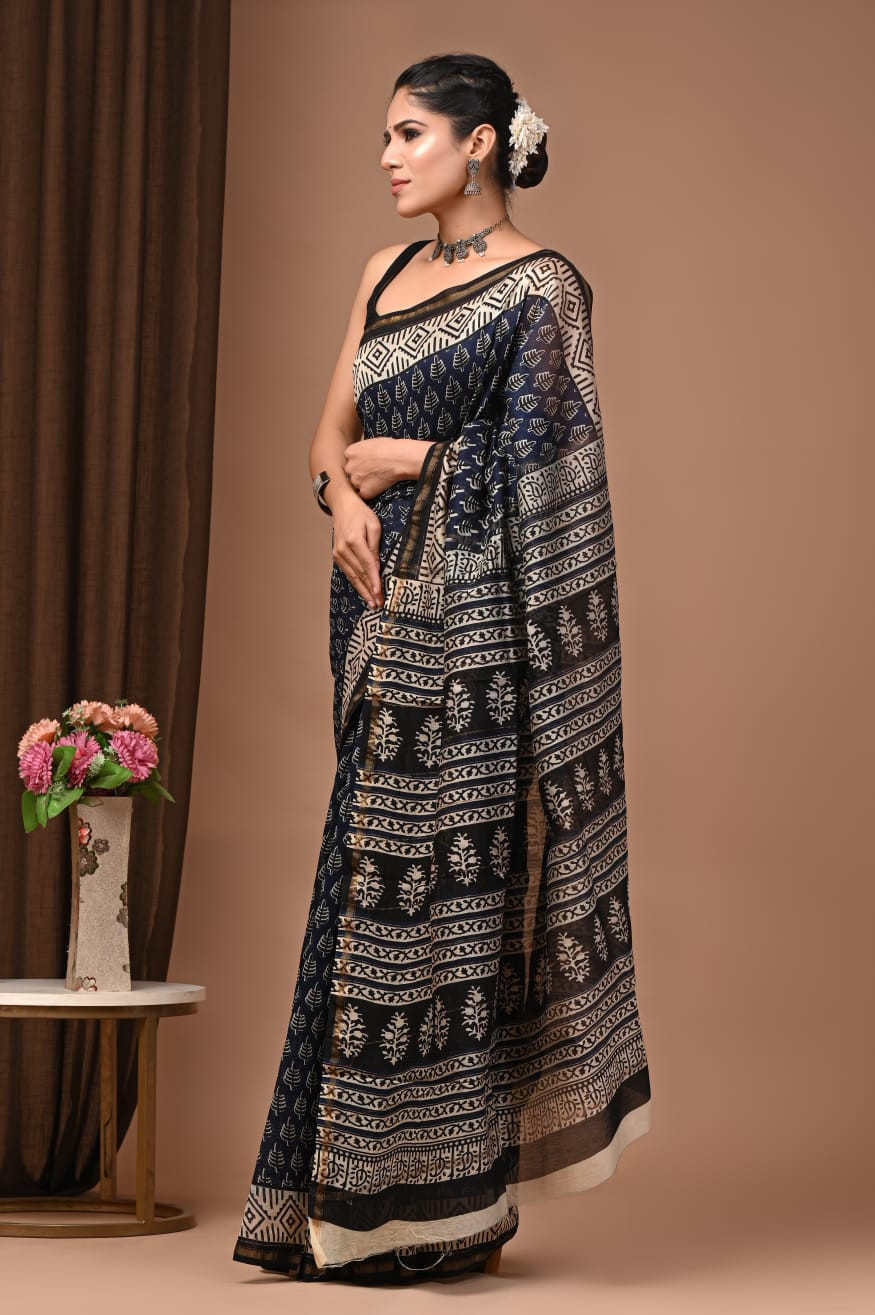 "Timeless Noir" Hand Block Printed Maheshwari Silk Saree with Blouse