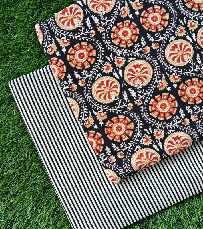 Black & Red 'Floral Medallion & Stripe' Hand-Block Print Cotton (60/60) Cambric Suit Set – Top 2.50 MTR + Bottom 2.50 MTR