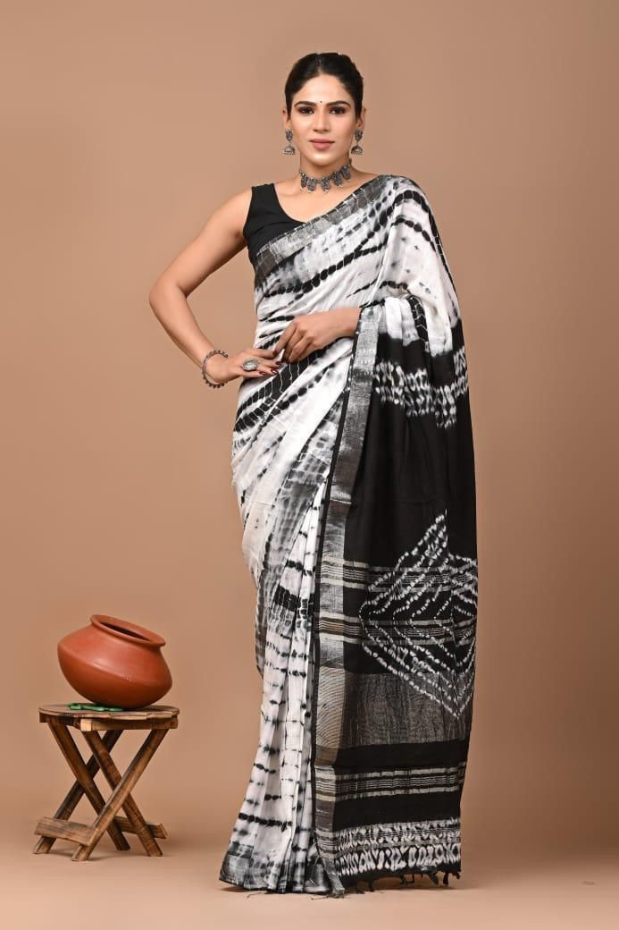 Monochrome Black & White Shibori Linen Saree (6.5 mtr with Blouse Piece).