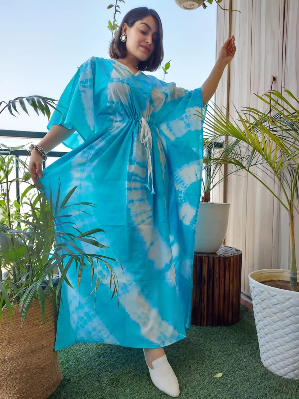 Sky Blue Cotton Digital Printed Party Wear Kaftan