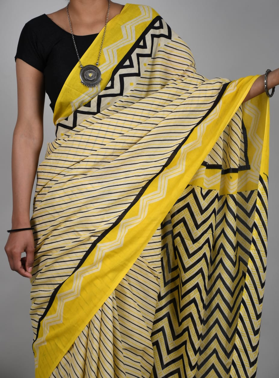 Yellow and Black Striped Chevron Hand Block Mulmul Cotton Saree