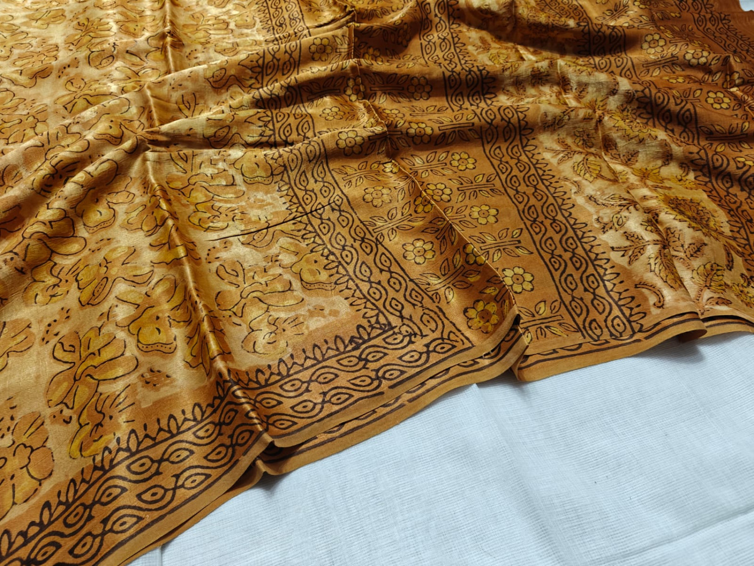 Rust Brown Handblock Printed Pure Modal Silk Saree with printed blouse