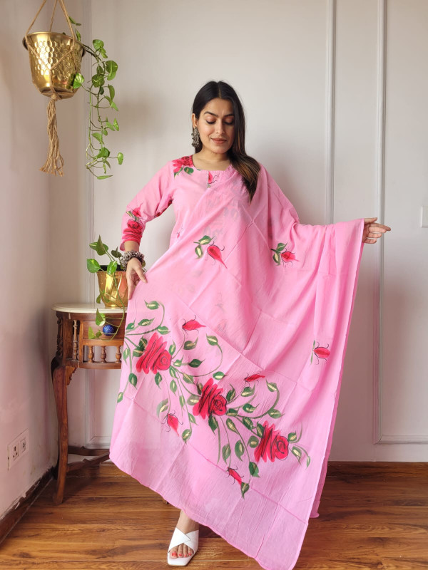 light pink hand-painted (or hand-embroidered) cotton kurta, pants, and dupatta suit set