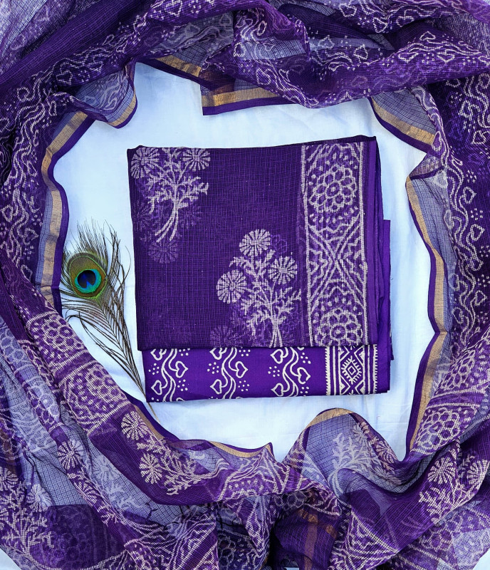 Purple Handblock Printed Cotton Kota Doria  Suit 2.5m top & dupatta and 2.5m cotton cambric bottom