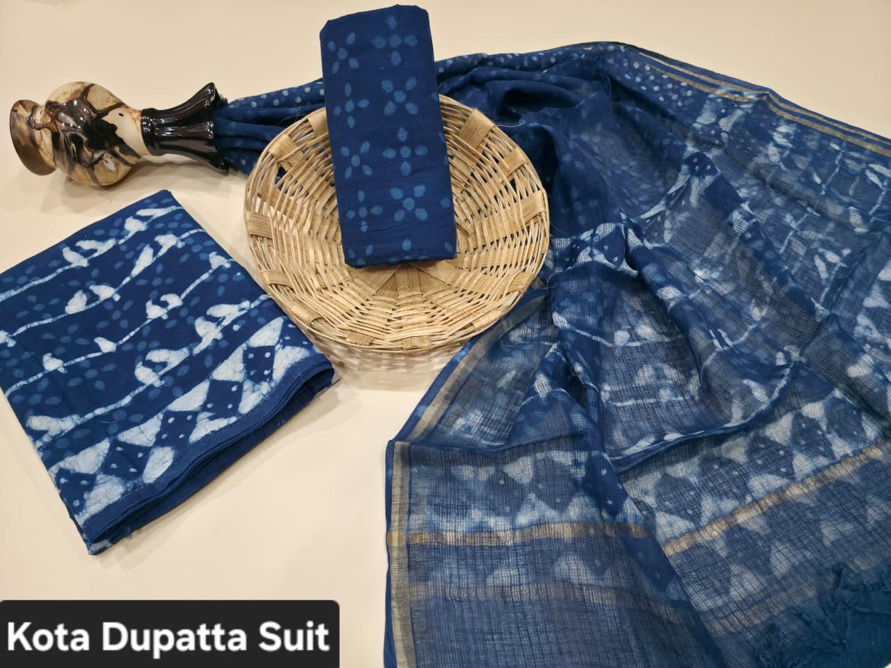 Indigo Dabu Hand Block Print Cotton Suit with a sheer Kota Doria Dupatta.