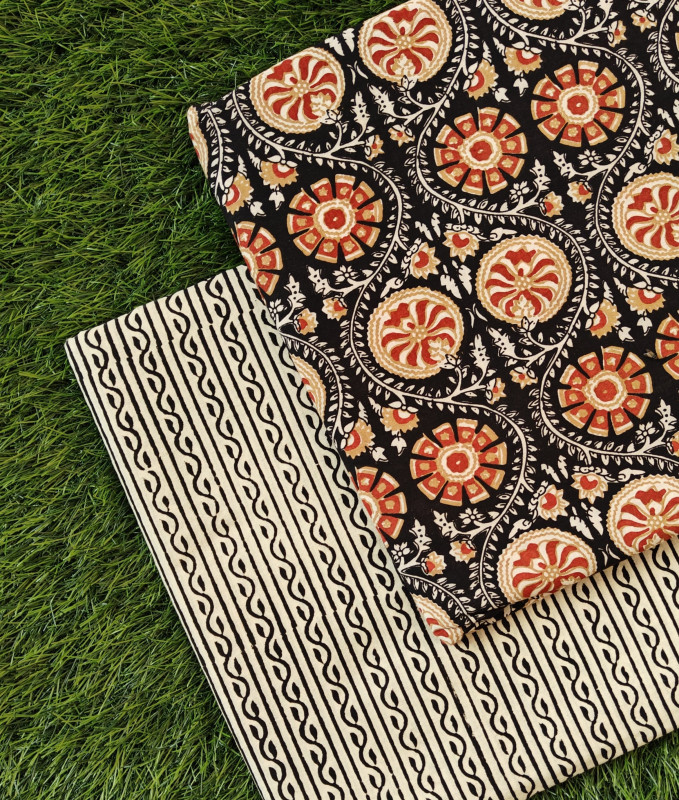 Black & Crimson Red 'Floral Medallion & Wavy Stripe' Hand-Block Bagru Print Cotton (60/60) Cambric Suit Set – Top 2.50 MTR + Bottom 2.50 MTR
