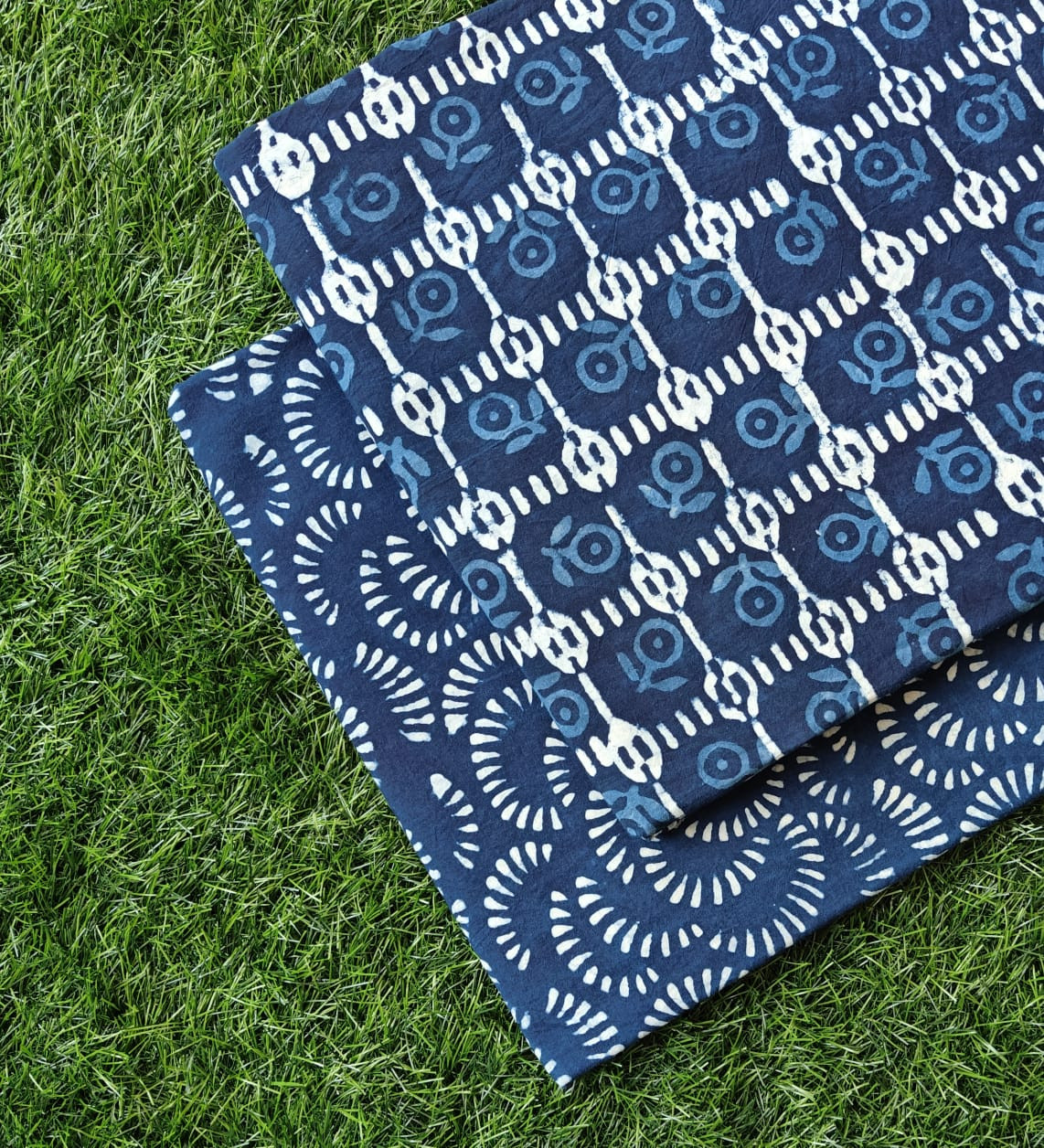 Indigo Blue 'Kamal & Scallop Motif' Hand-Block Bagru Dabu Print Cotton (60/60) Cambric Suit Set – Top 2.50 MTR + Bottom 2.50 MTR