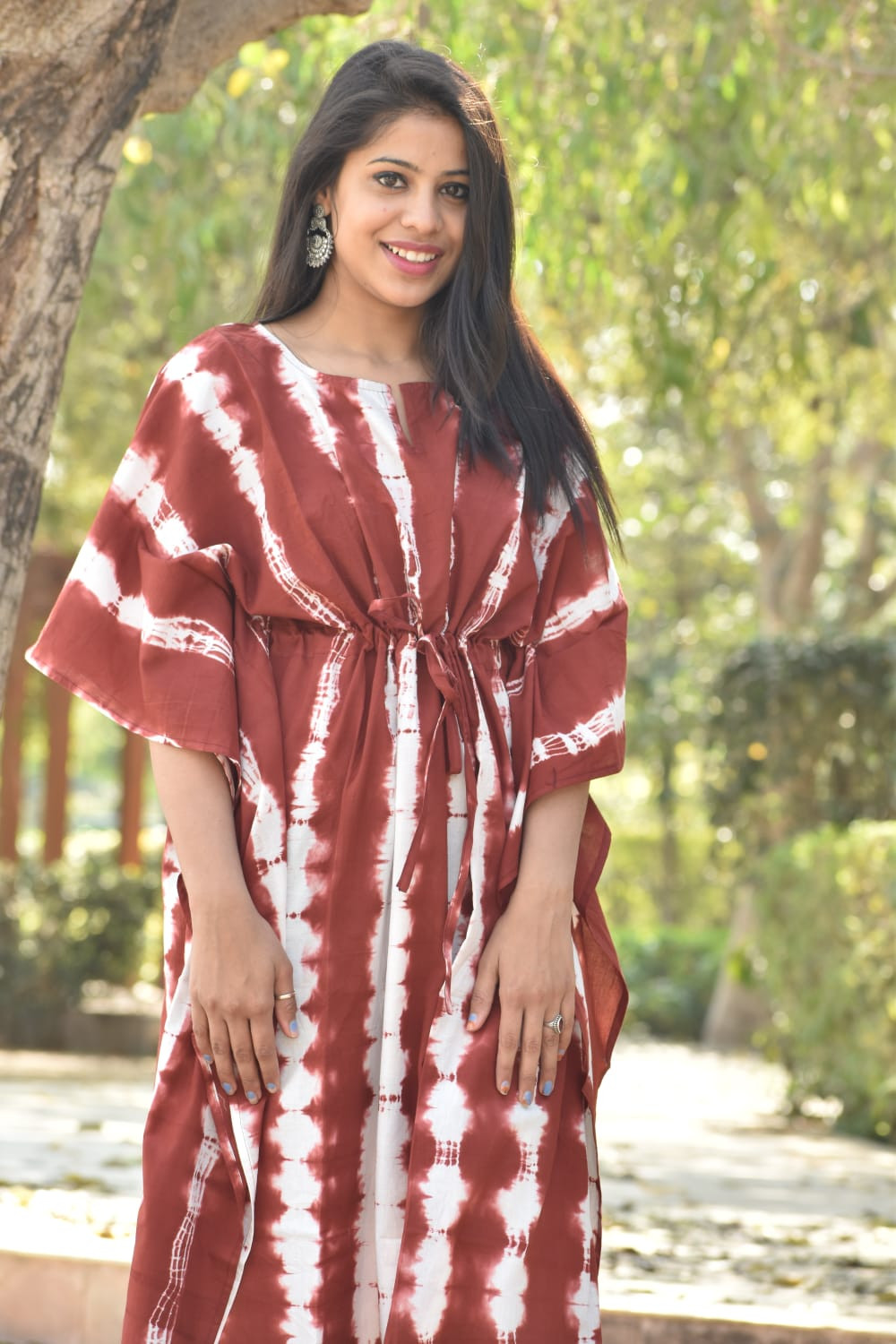 Brown Tie Dye Long Kaftan Dress with White Lines