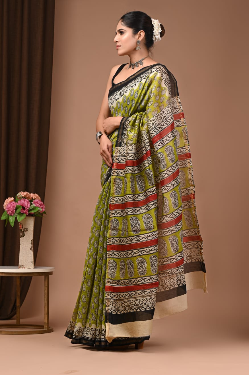 "Olive Grove" Hand Block Printed Maheshwari Silk Saree with Blouse