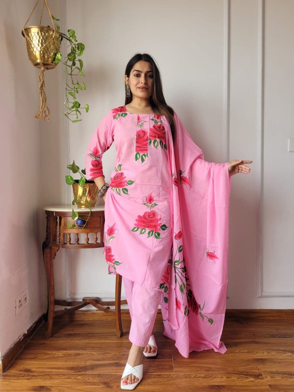 light pink hand-painted (or hand-embroidered) cotton kurta, pants, and dupatta suit set.