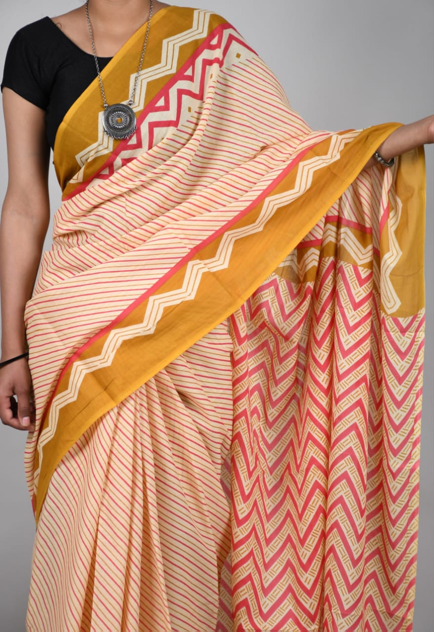 Beige Pink and Mustard Yellow Striped Chevron Hand Block Mulmul Cotton Saree